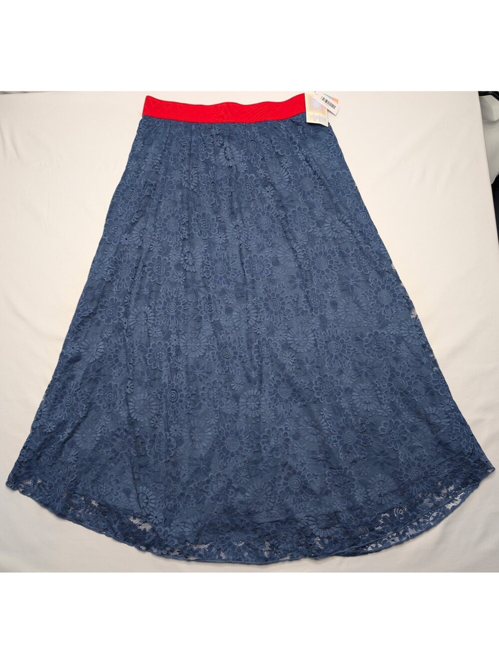 NWT LulaRoe Lucy Floral Blue Lace Red Elastic Waistband Boho Maxi Skirt Size 2XL